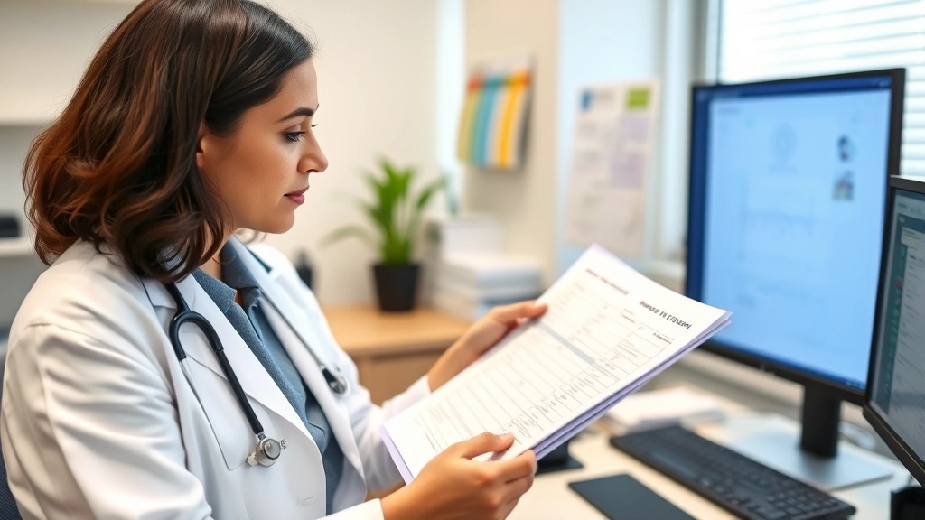 Healthcare provider in white coat reviewing tenant medical records in clinical office setting