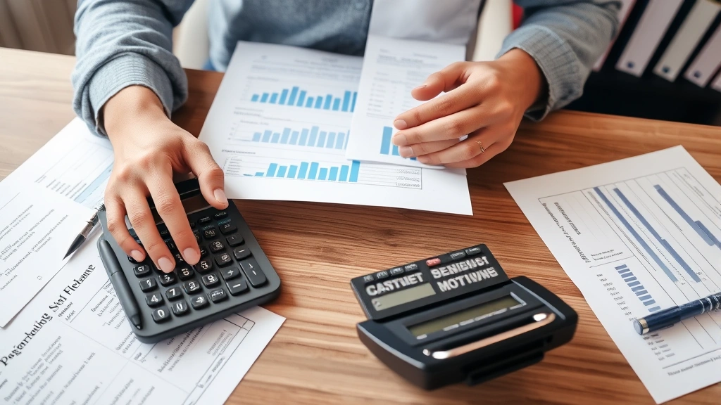 Person reviewing medical documents and financial paperwork at home desk with calculator and organized files