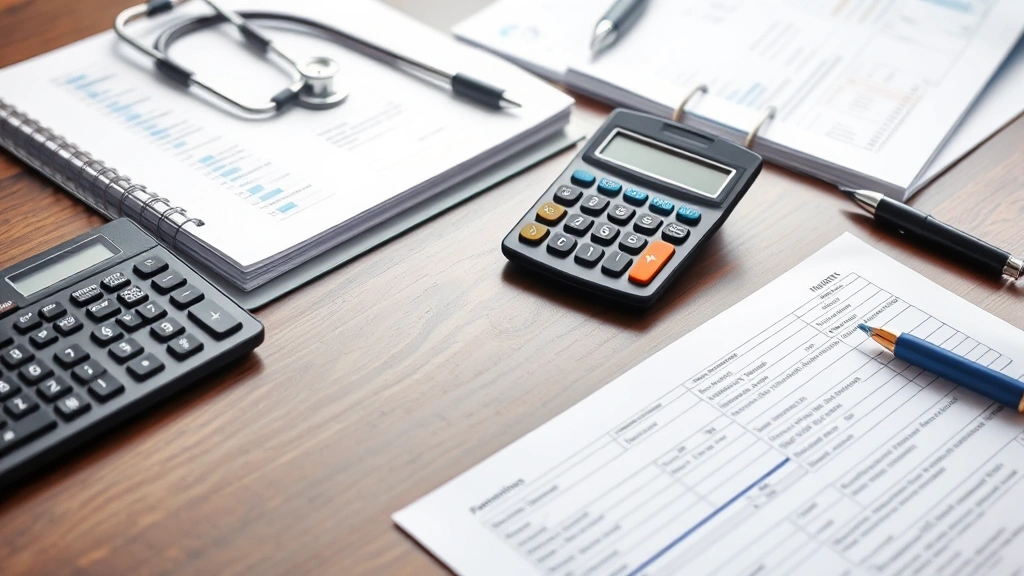 Professional documentation workspace with medical records, calculator, and financial documents organized on desk