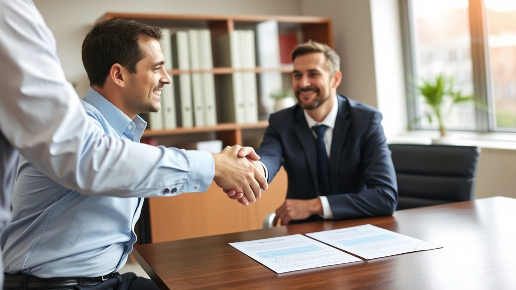 Tenant and landlord shaking hands in professional office setting with lease documents on table