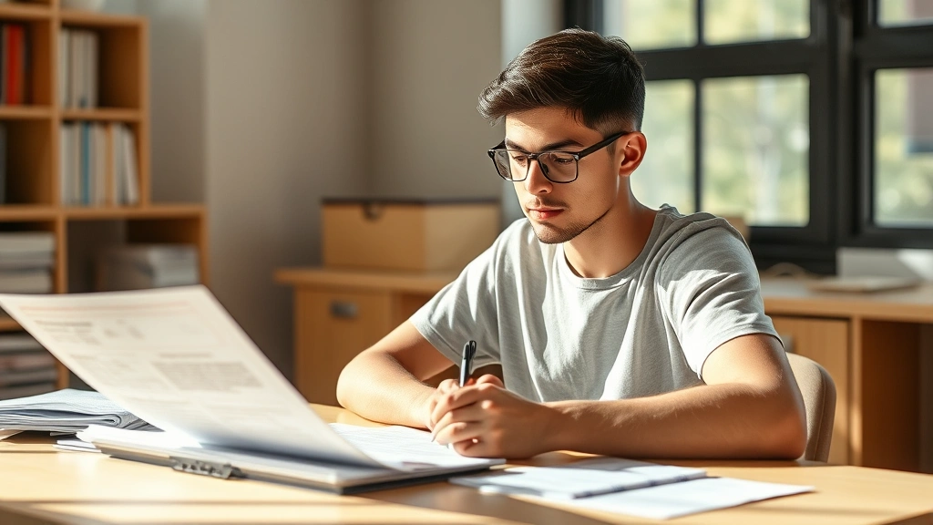 Student sitting at desk reviewing medical documents and taking notes for school refund request, calm focused expression, natu