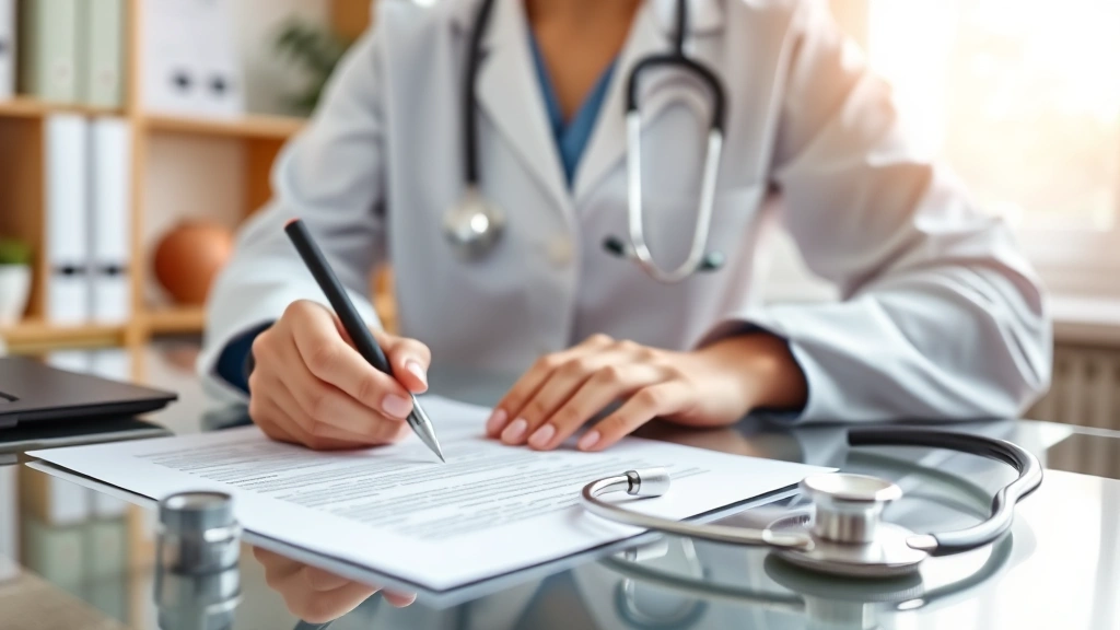 Healthcare provider writing medical documentation letter at desk with stethoscope visible, professional office setting, warm