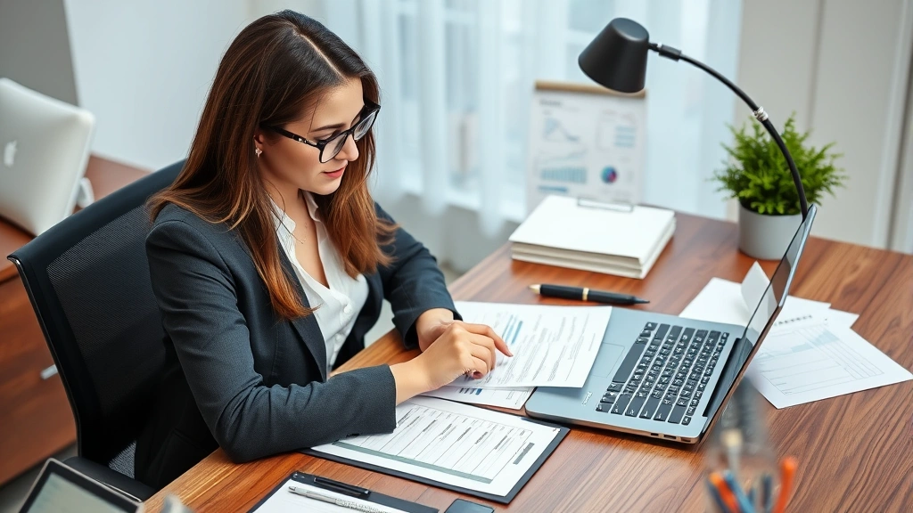 Professional woman at desk reviewing medical documents and invoices with laptop and calculator