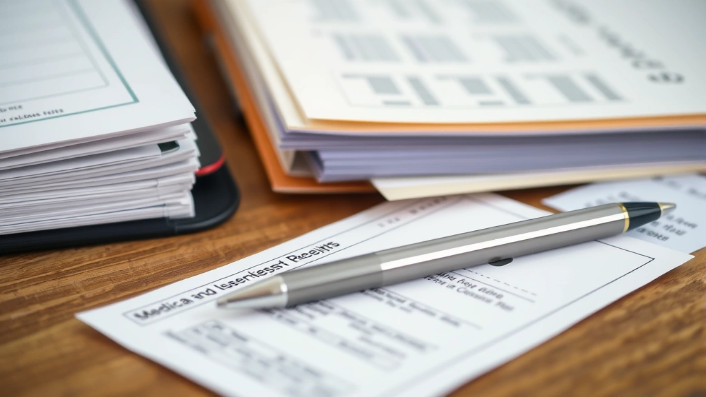 Close-up of organized file folders and medical receipts with pen on wooden desk surface