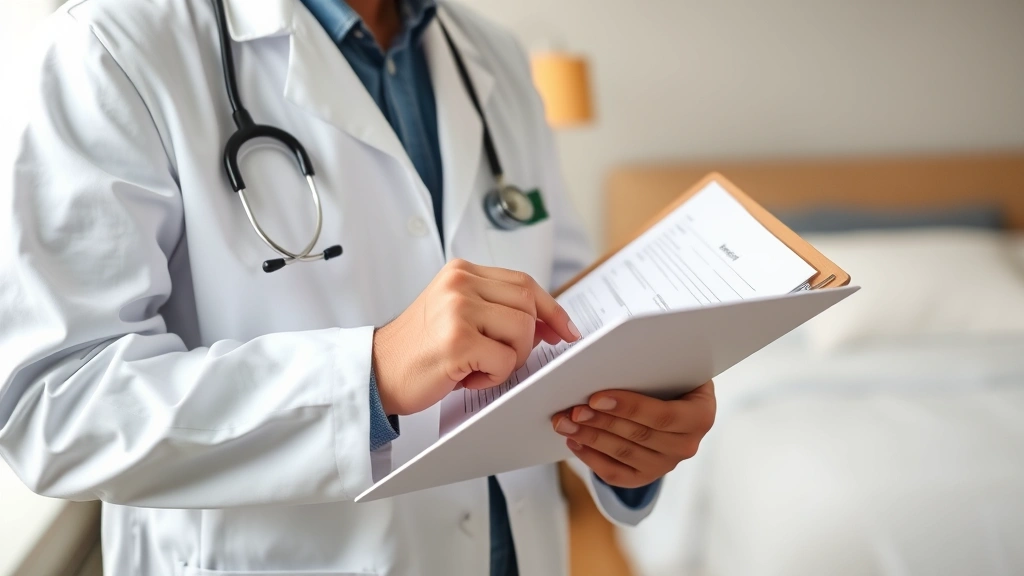 Healthcare professional in white coat holding clipboard reviewing patient accommodation paperwork