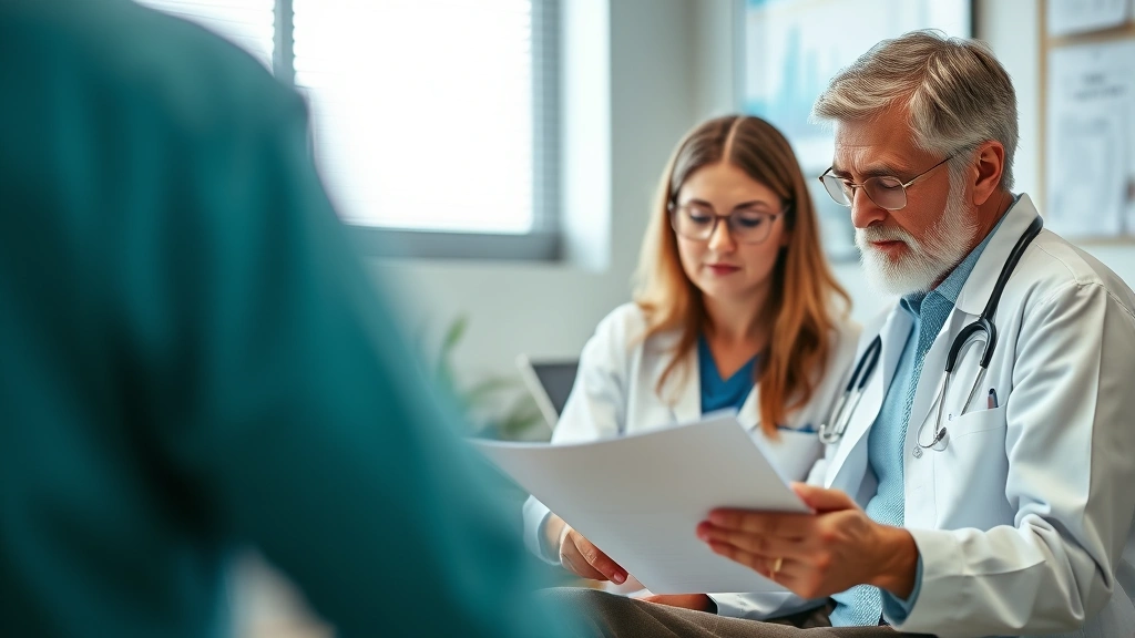 Professional healthcare provider and patient reviewing medical documents together in clinical office setting with concern and