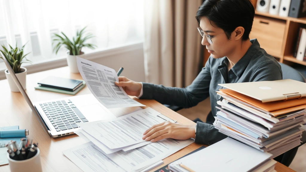 Person sitting at home office desk carefully examining medical bills receipts and documents with laptop and organized file fo