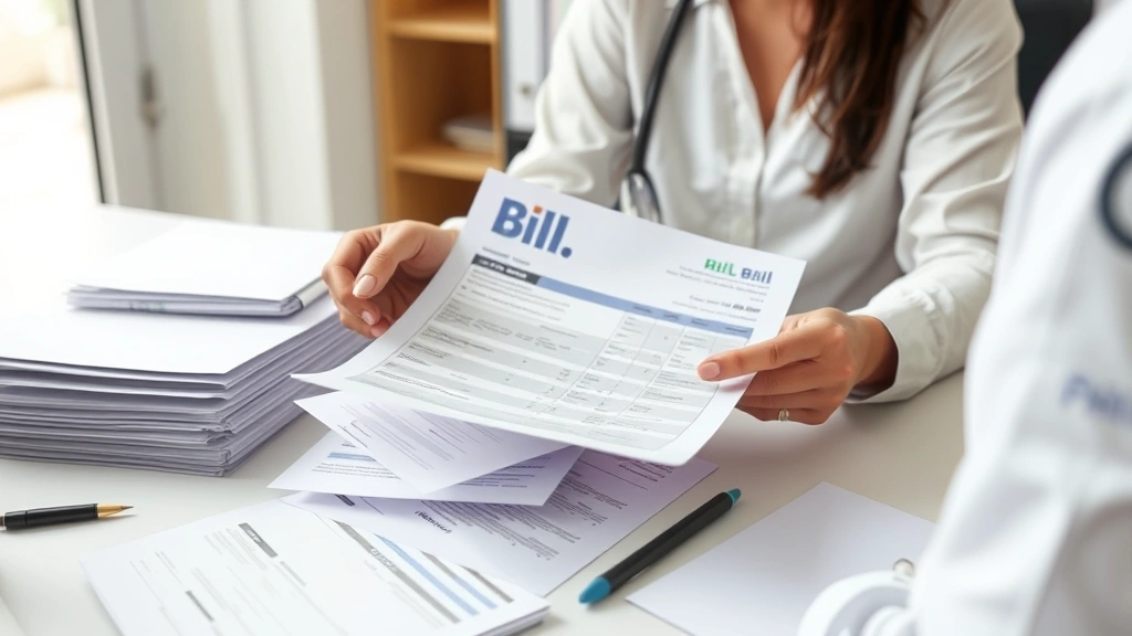 Person reviewing medical bills and documents at desk with organized file folders, natural lighting from window