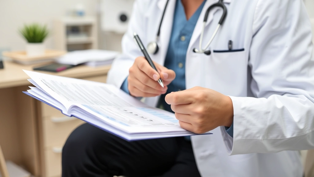 Healthcare professional reviewing patient records and forms with pen in hand, clinical office setting