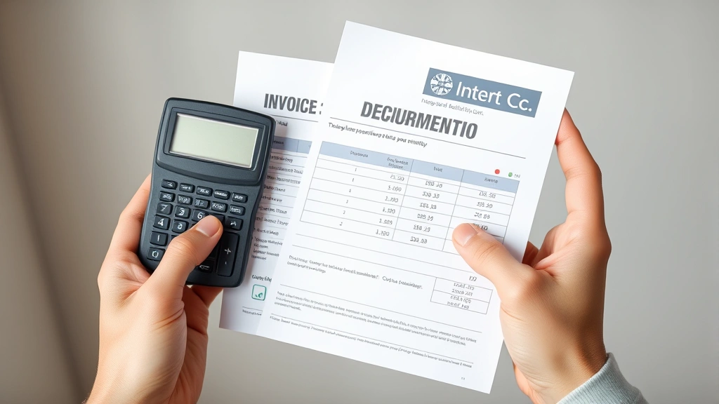 Close-up of hands holding medical invoice and insurance documentation with calculator, neutral background