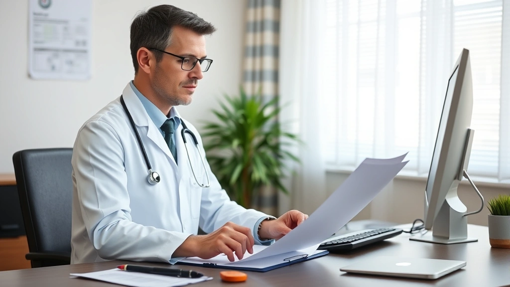 Professional doctor in white coat reviewing patient billing documents at desk with computer and stethoscope
