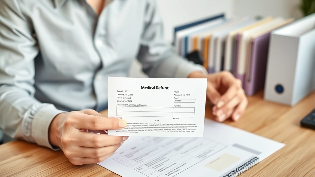 Patient holding medical bill and refund request letter sitting at home desk with organized file folders