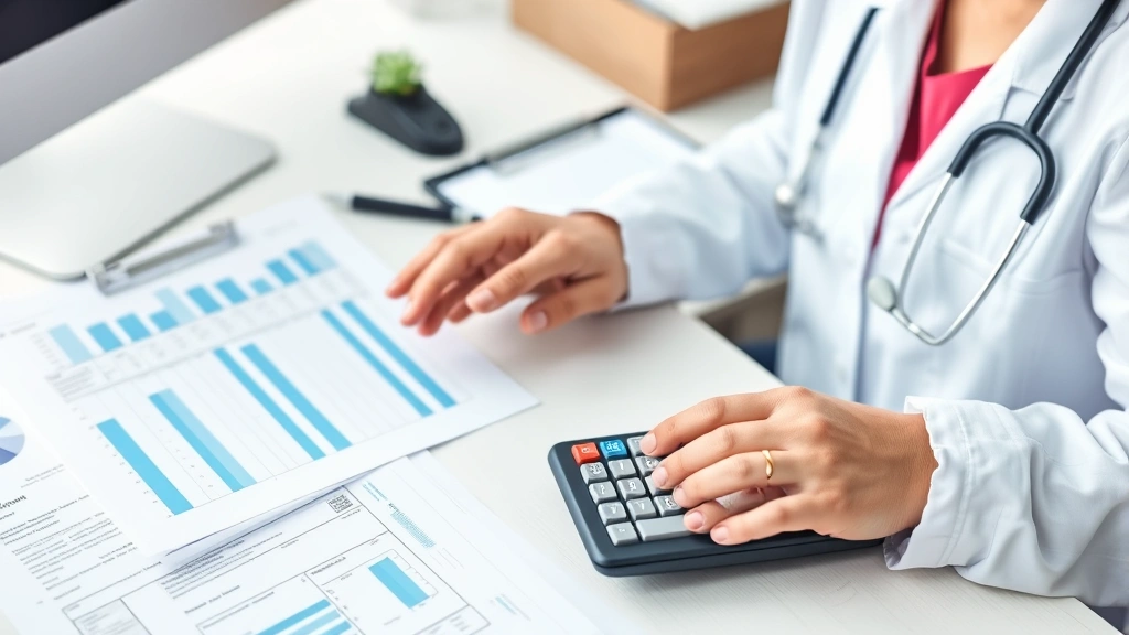 Healthcare administrator processing medical refund request with calculator and insurance documents on desk