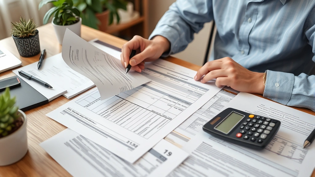 Person reviewing medical bills and financial documents at home desk with organized paperwork and calculator