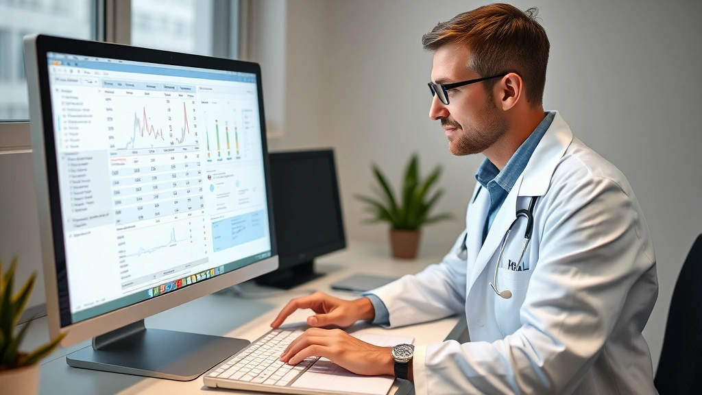 Healthcare professional in white coat reviewing patient records and billing information on computer screen