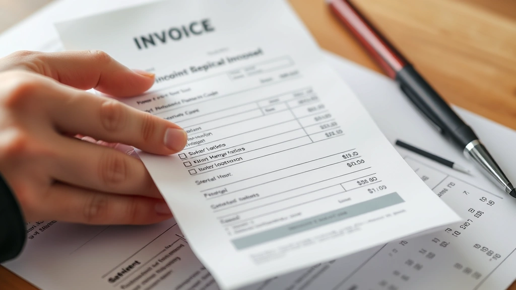Close-up of hands holding medical invoice and checking marks next to itemized charges on statement