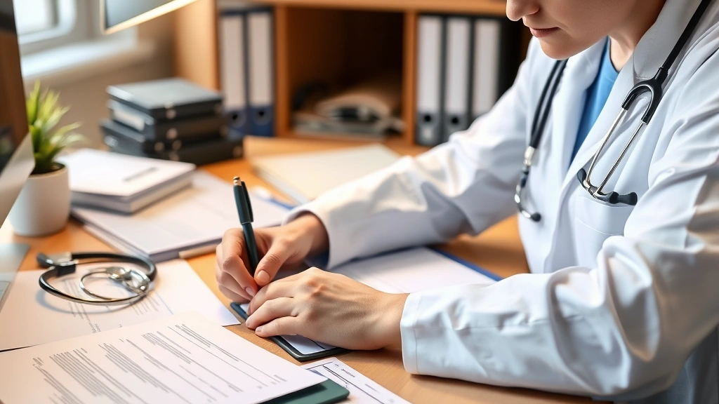 Healthcare provider writing professional refund letter at desk with medical documents and billing statements organized