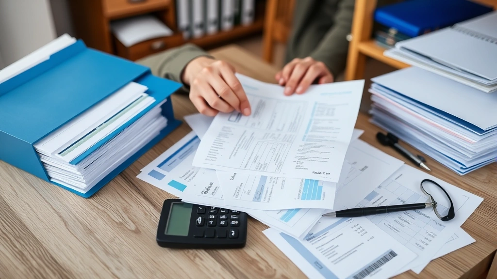 Person reviewing medical bills and insurance documents at home with organized file folders and calculator