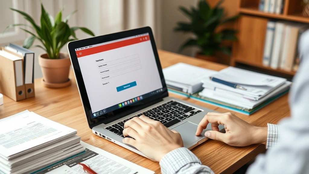 Person at laptop submitting online form securely at home desk with documents organized beside them