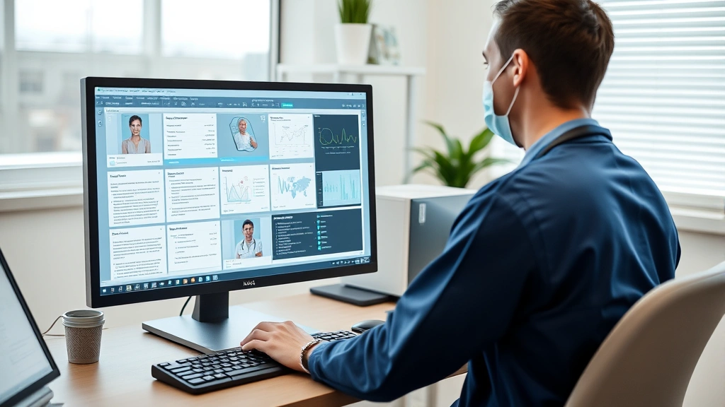 Healthcare professional reviewing digital patient records on computer screen in clinical office setting