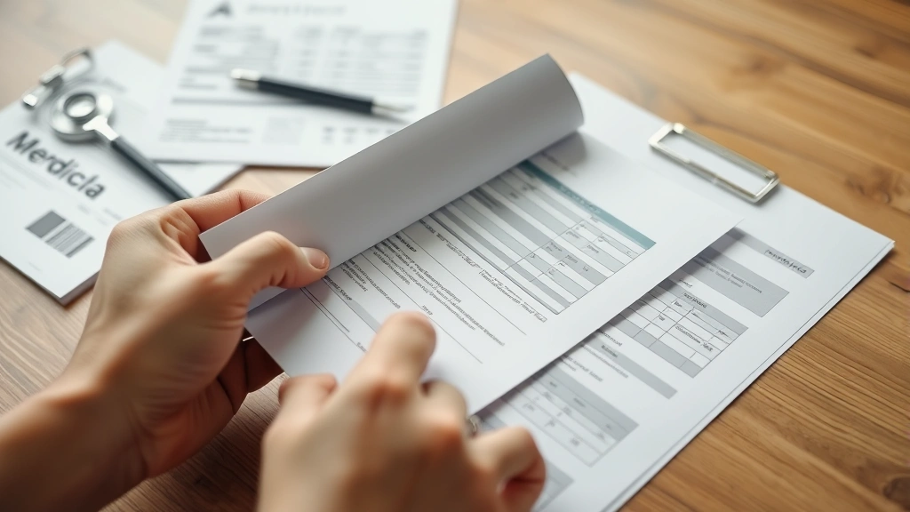 Close up of hands holding organized medical documents and billing statements on wooden desk