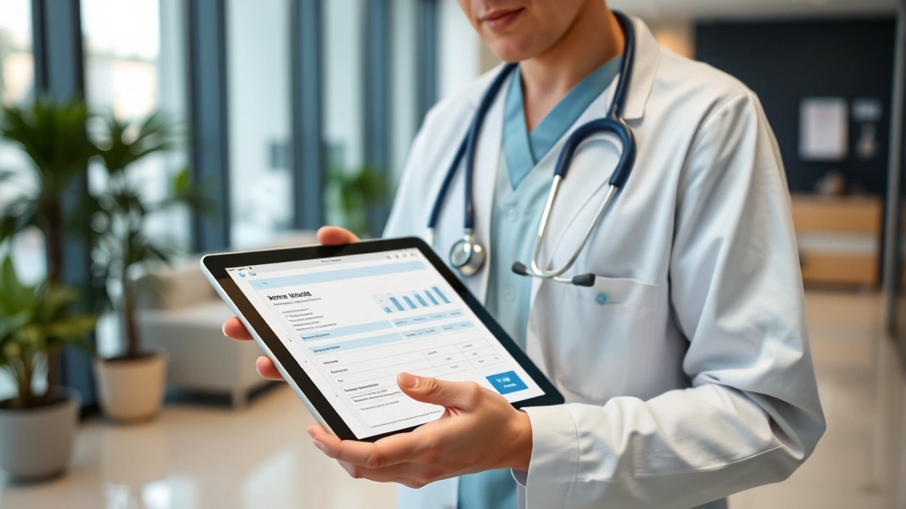Healthcare professional reviewing billing documents and payment records on tablet in modern clinic office