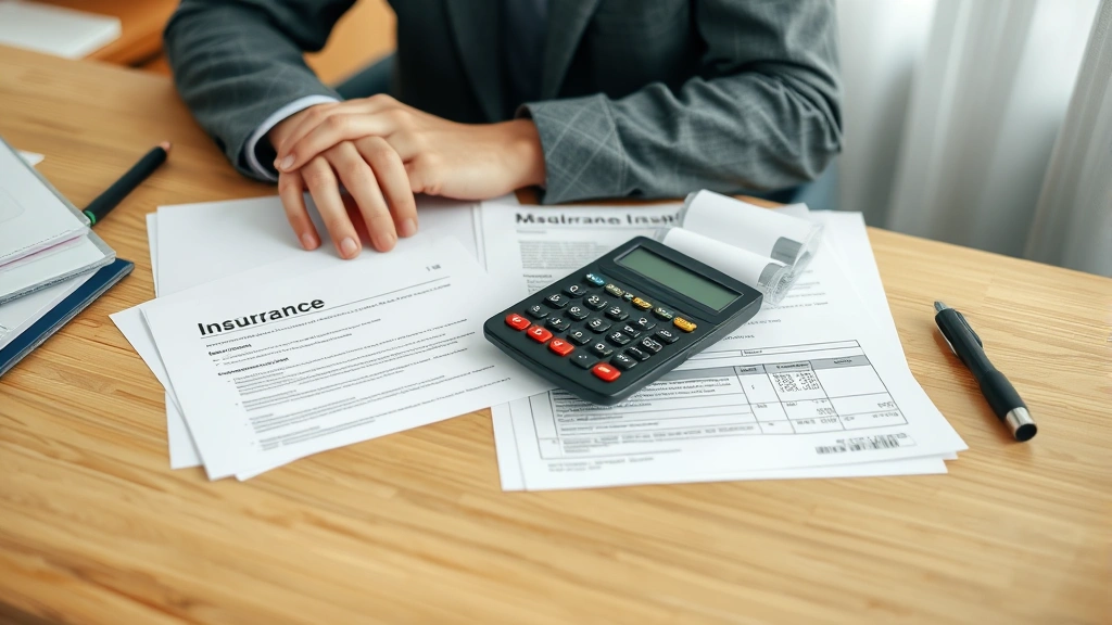 Person sitting at desk with calculator, insurance documents, and medical bills organized in folders