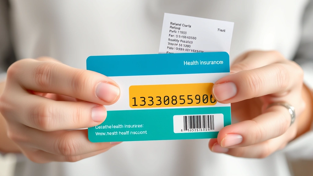 Close-up of hands holding health insurance card and medical receipt with refund amount highlighted