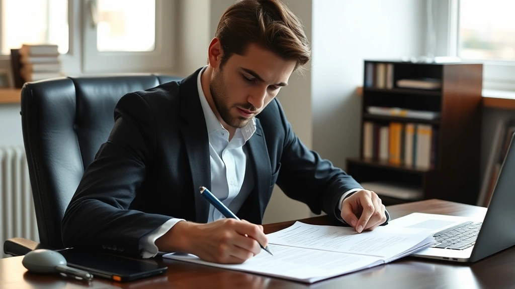 person sitting at desk writing formal letter with documents and laptop, natural lighting from window, focused and determined