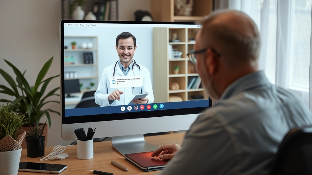 healthcare provider on computer screen during video call with connection error message displayed, frustrated patient at home