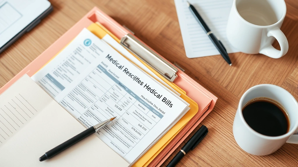 organized file folder with medical bills receipts and documents neatly arranged on wooden desk with pen and coffee cup