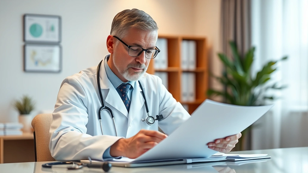professional doctor in white coat reviewing medical documents at desk with stethoscope nearby, warm office lighting, caring e