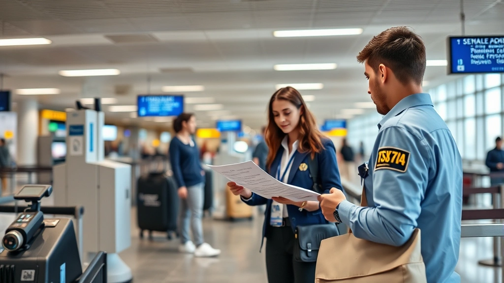 traveler at airport security checkpoint with medical equipment and documentation, TSA agent examining paperwork, professional