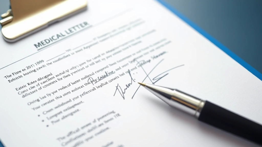 close-up of signed medical letter on official letterhead with doctor signature visible, pen and medical clipboard, profession