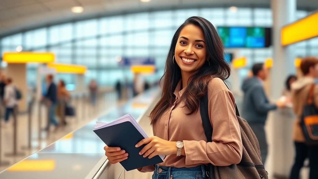 Diverse woman at airport check-in counter smiling confidently with passport and travel documents, bright modern terminal back