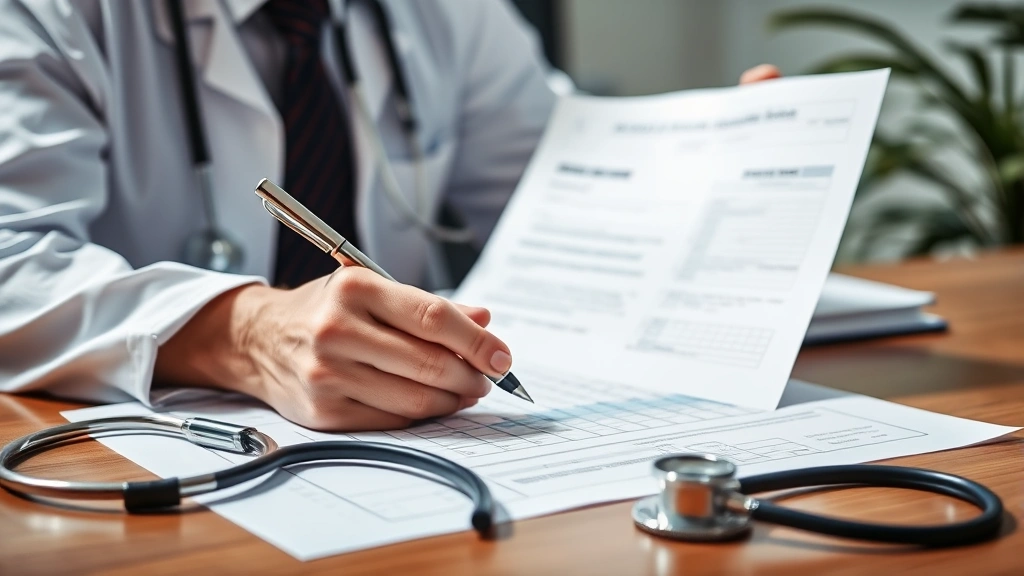 Doctor reviewing medical chart at desk writing notes with professional pen, stethoscope visible on desk, natural daylight off