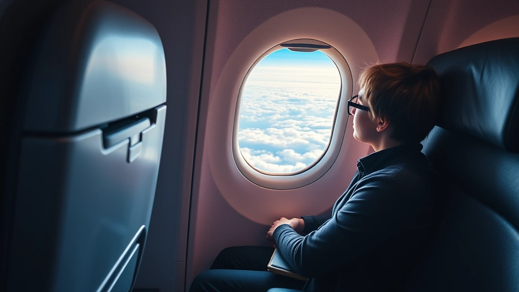 Passenger sitting in airplane window seat looking out at clouds, comfortable and relaxed, modern aircraft cabin interior