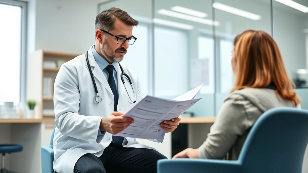 Physician in white coat reviewing medical chart with patient in clinic office, professional healthcare consultation setting