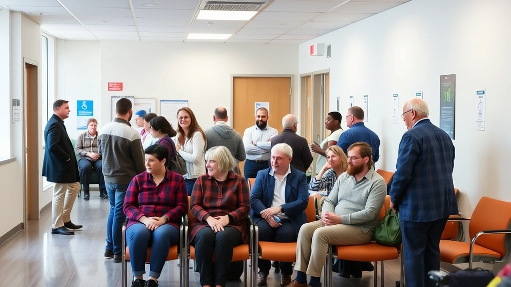 Diverse group of people in professional medical waiting room, accessibility features visible including accessible seating and