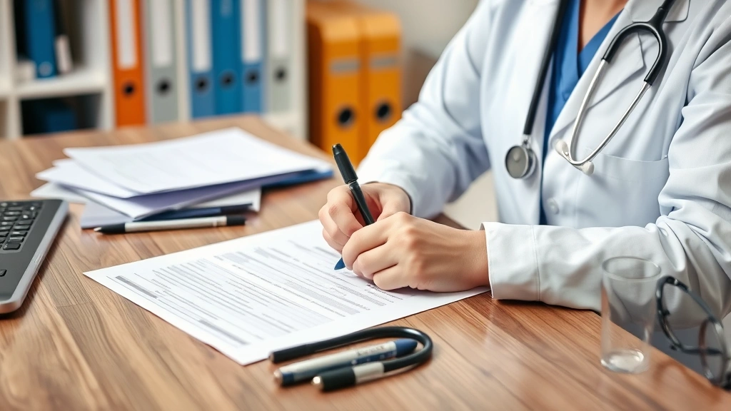 healthcare provider writing medical documentation at desk with stethoscope and medical files visible