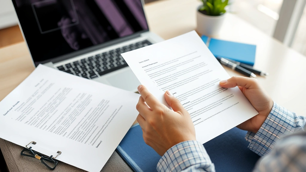 person reviewing documents and medical letters at home with laptop and notepad