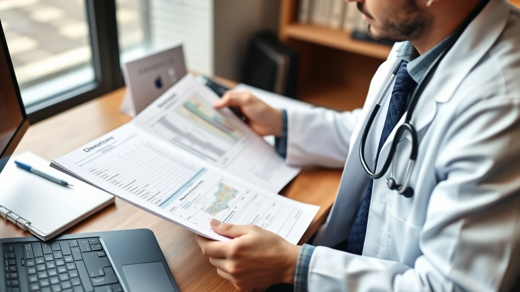 Doctor reviewing patient medical records and travel itinerary at desk with stethoscope