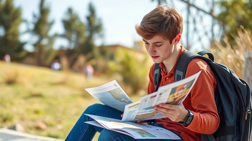 Student with backpack and travel documents sitting outdoors looking at maps and medical papers