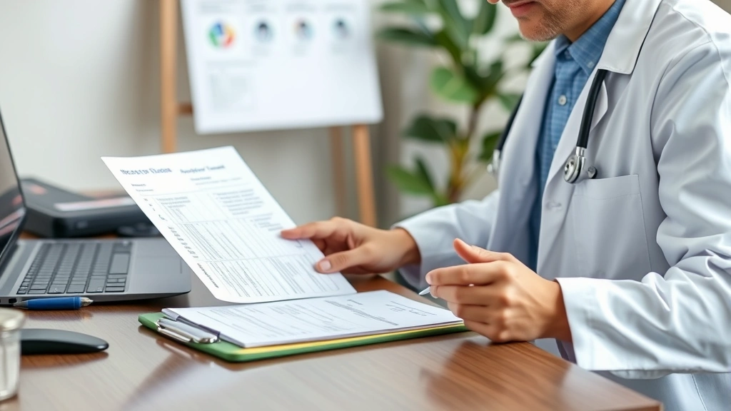 Doctor reviewing patient medical records at desk with stethoscope and clipboard, professional healthcare setting