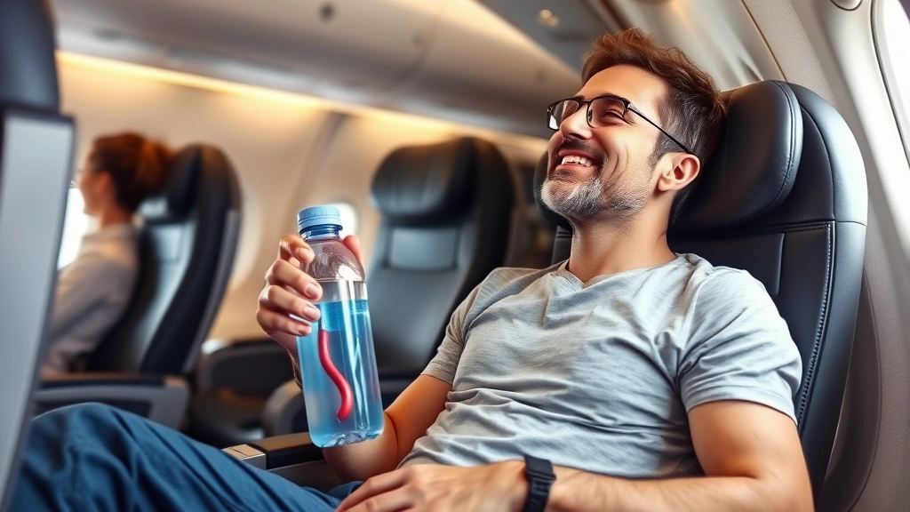 Person sitting comfortably in airplane seat with water bottle, looking relaxed and healthy during flight
