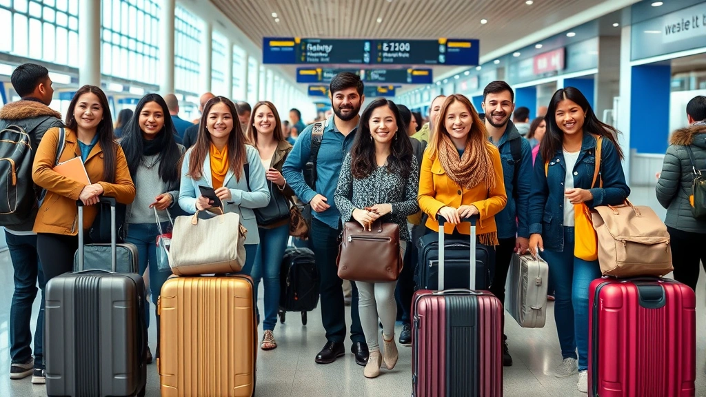 Diverse group of travelers at airport terminal with luggage, appearing confident and ready for journey