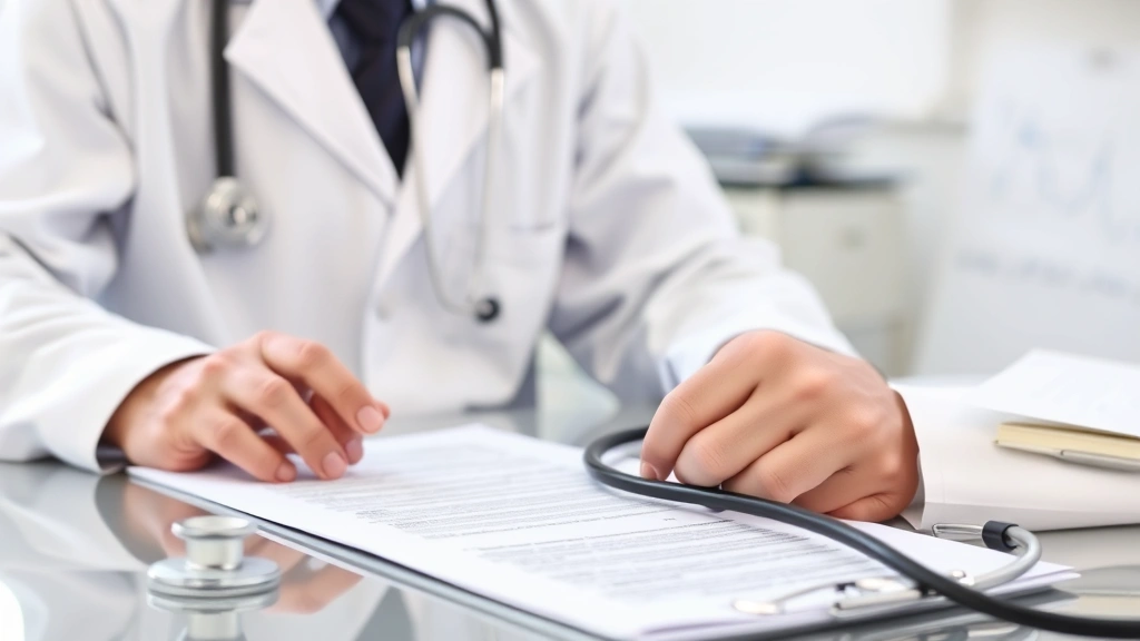 Physician in white coat reviewing medical documents at desk with stethoscope visible