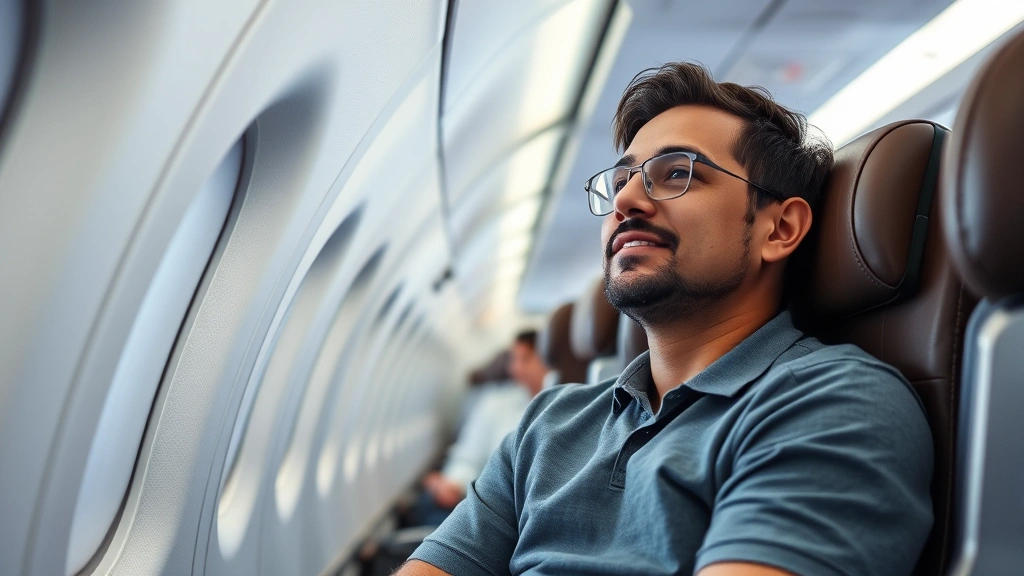 Airplane cabin interior with passenger in aisle seat looking relaxed and comfortable