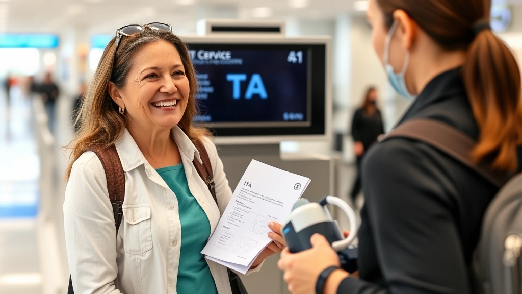 Woman at airport security checkpoint with medical documentation and oxygen portable device in carry-on bag, smiling confident