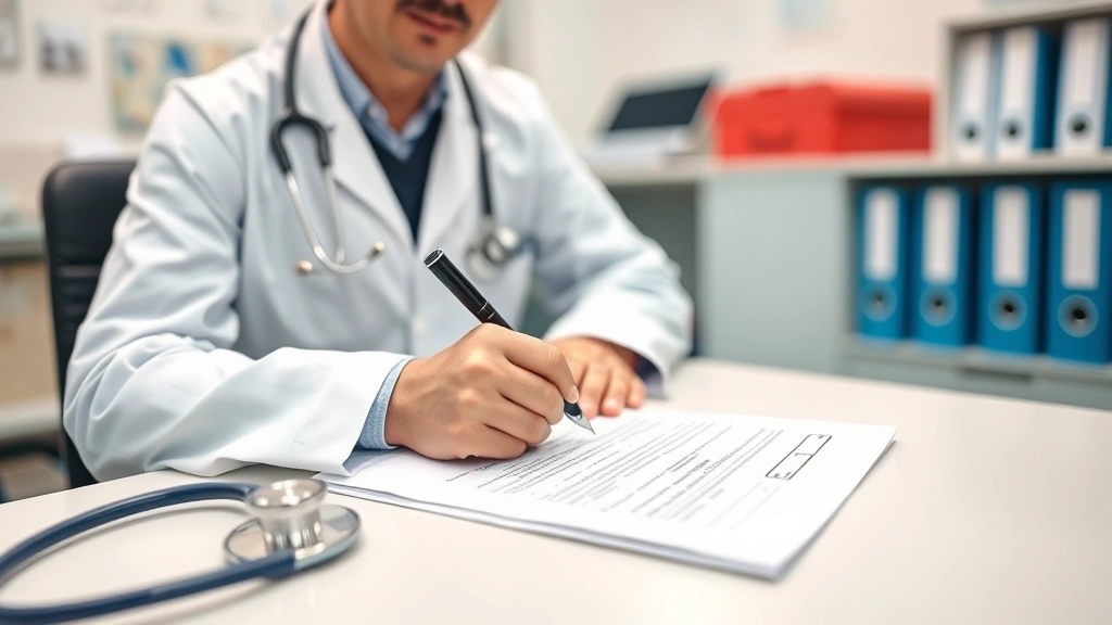 Doctor in clinic office writing detailed medical letter at desk with prescription pad, stethoscope, and patient file visible